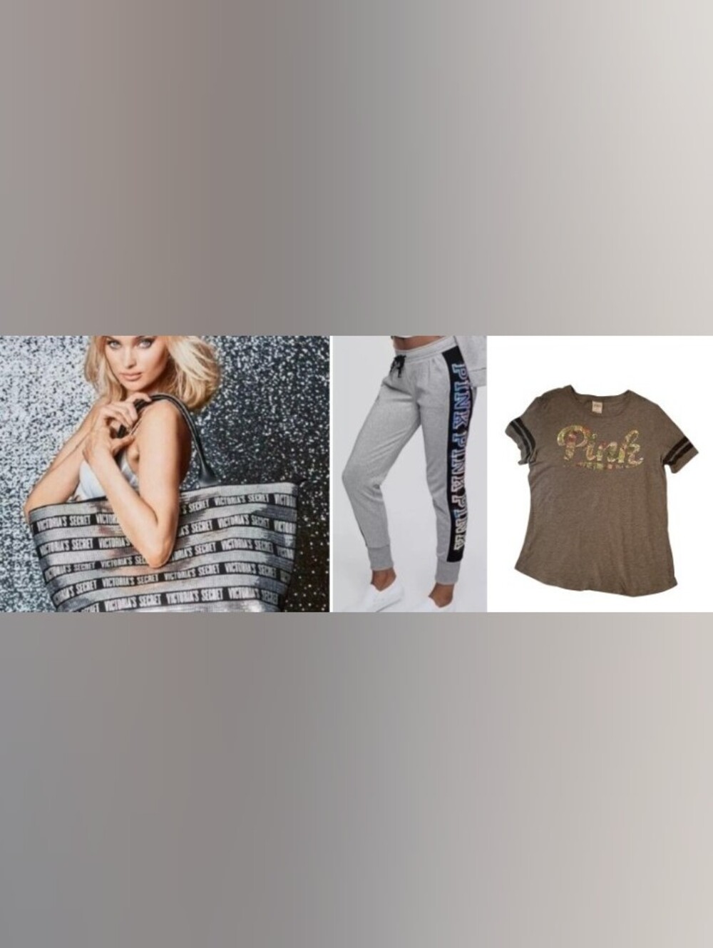 PINK VS Bundle Silver Metallic Bling Sequins Joggers, Tee Top & VS Tote Bag